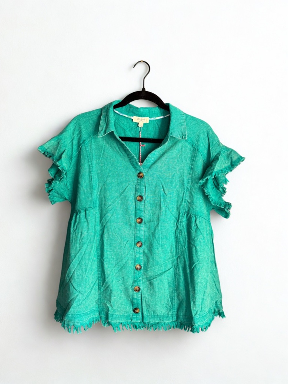 Umgee Teal Green Button-Front Linen Blend Ruffle Sleeve Top